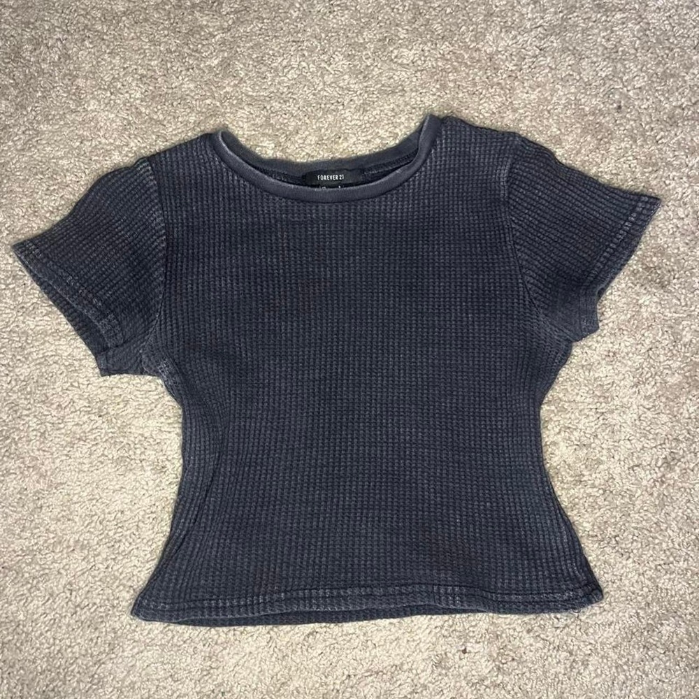 Forever 21 Waffle Knit Crop Top Short Sleeve Grunge Y2K Black Navy Small